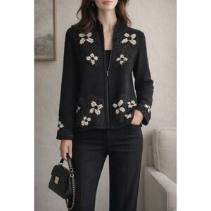 VTG. Toula Black Embroidered Zip Cardigan Jacket Womens‎ Size 8 Artsy Floral USA